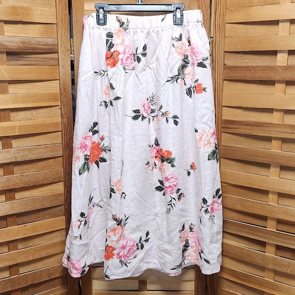 Pink Floral Skirt Women's Size M Tall Cotton Linen Rayon - Picture 2 of 7